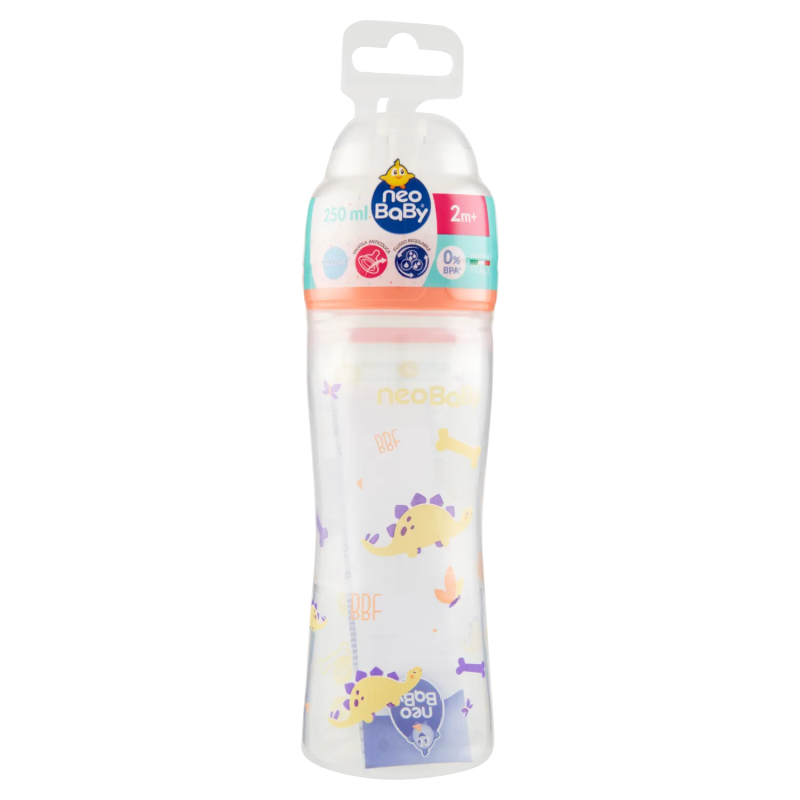 8058664165490 Neo Baby Biberon Plastica Collo Largo Dino Arancio 2m+ 250ml