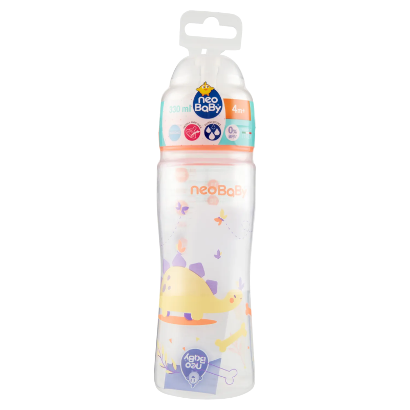 8058664165520 Neo Baby Biberon Plastica Collo Largo Dino Arancio 4m+ 330ml
