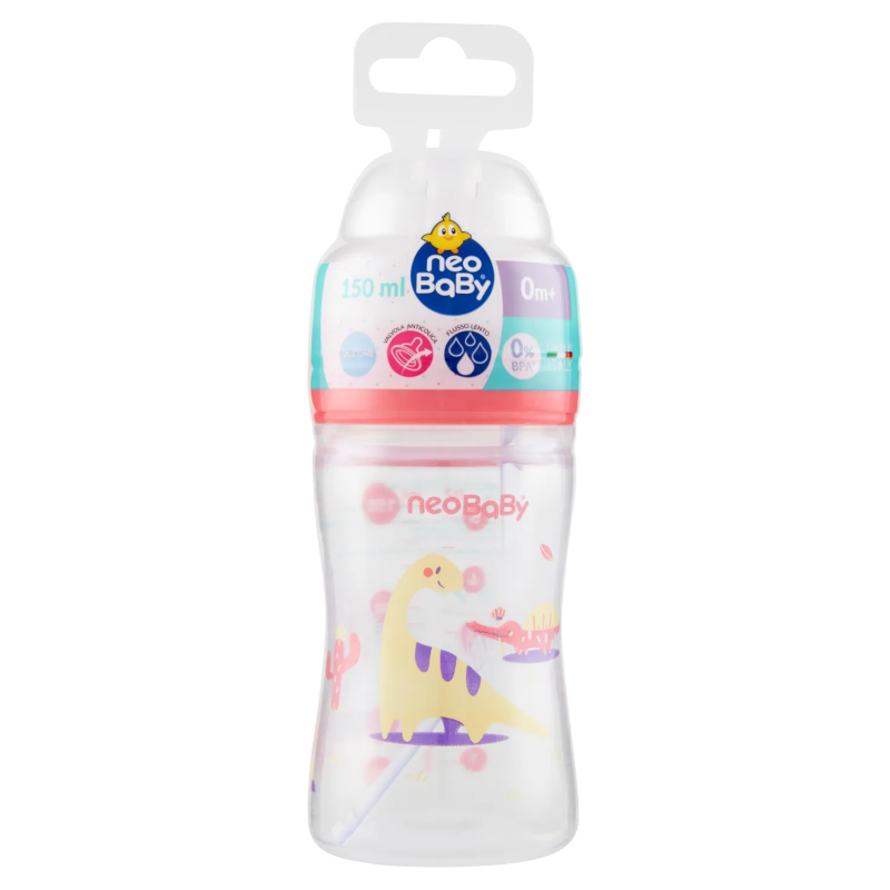 8058664165414 Neo Baby Biberon Plastica Collo Largo Dino Rosa 0m+ 150ml