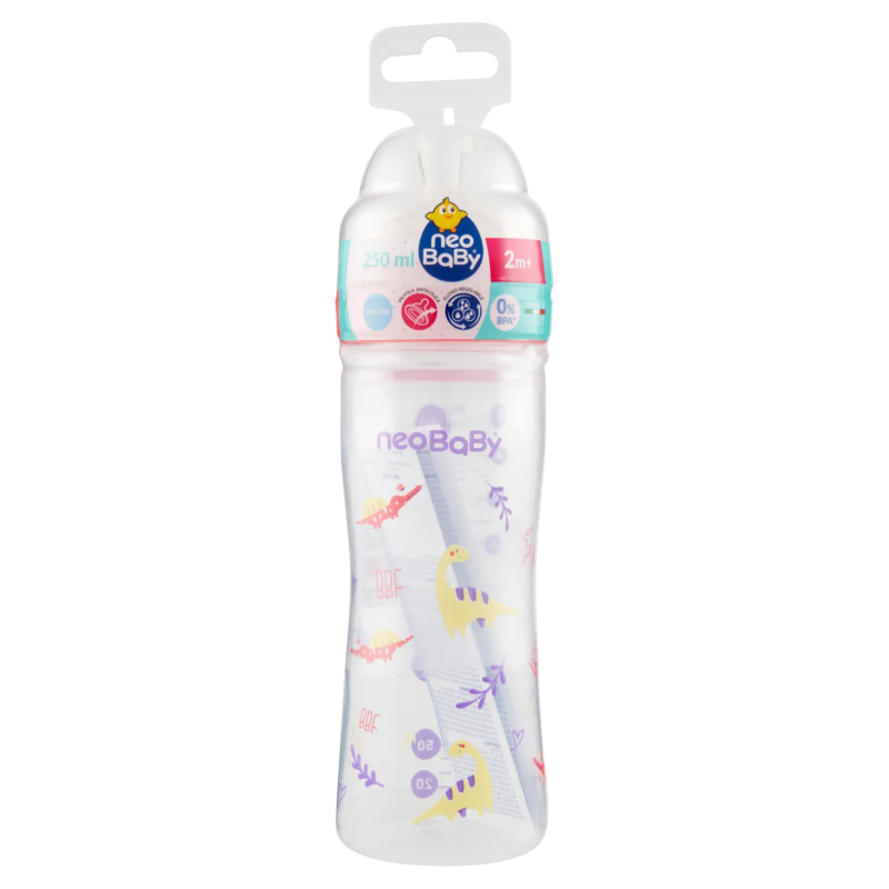 8058664165421 Neo Baby Biberon Plastica Collo Largo Dino Rosa 2m+ 250ml