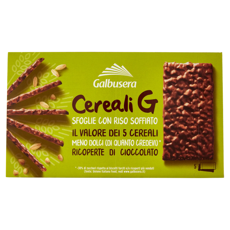 8002190002989Galbusera Cereali G Sfoglie con Riso Soffiato Ricoperte di Cioccolato 5x30gr