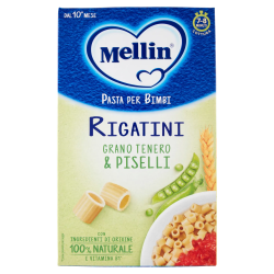 8017619401229Mellin Pasta Per Bimbi Rigatini Grano Tenero & Piselli 280gr